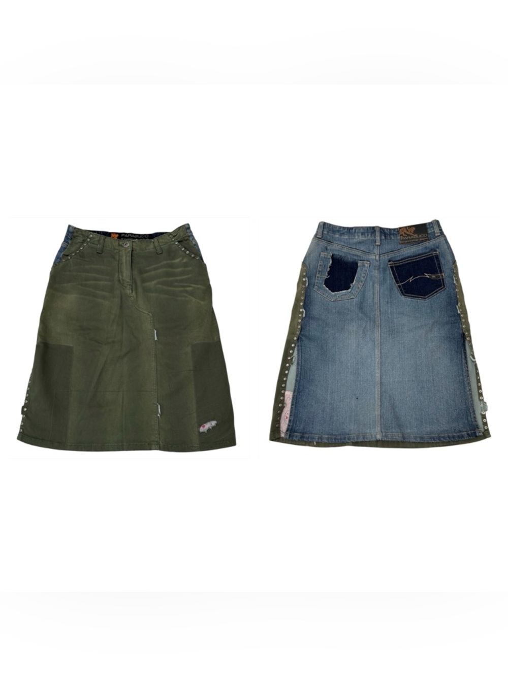 Vintage Late 90s Y2K Parasuco Patchwork Midi Skirt Denim Army Green Size 2 Rare - Picture 1 of 11
